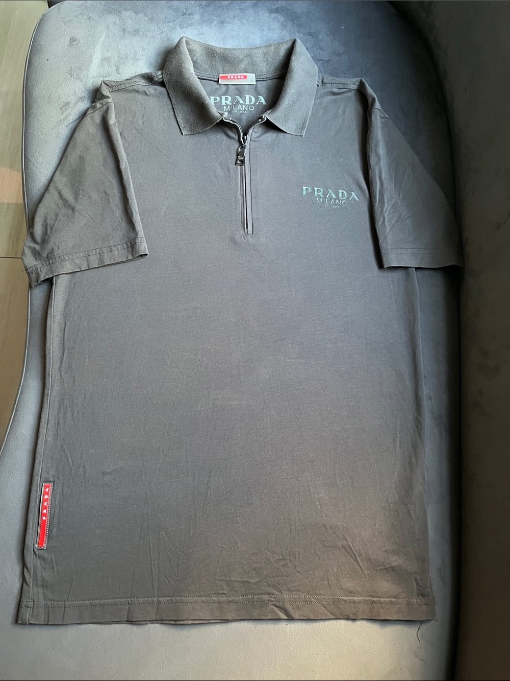 Prada Men's Dark Gray Short-Sleeve Zip Polo